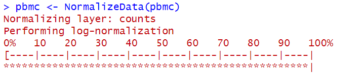 NormalizeData 对 PBMC3k 执行对数标准化的进度日志