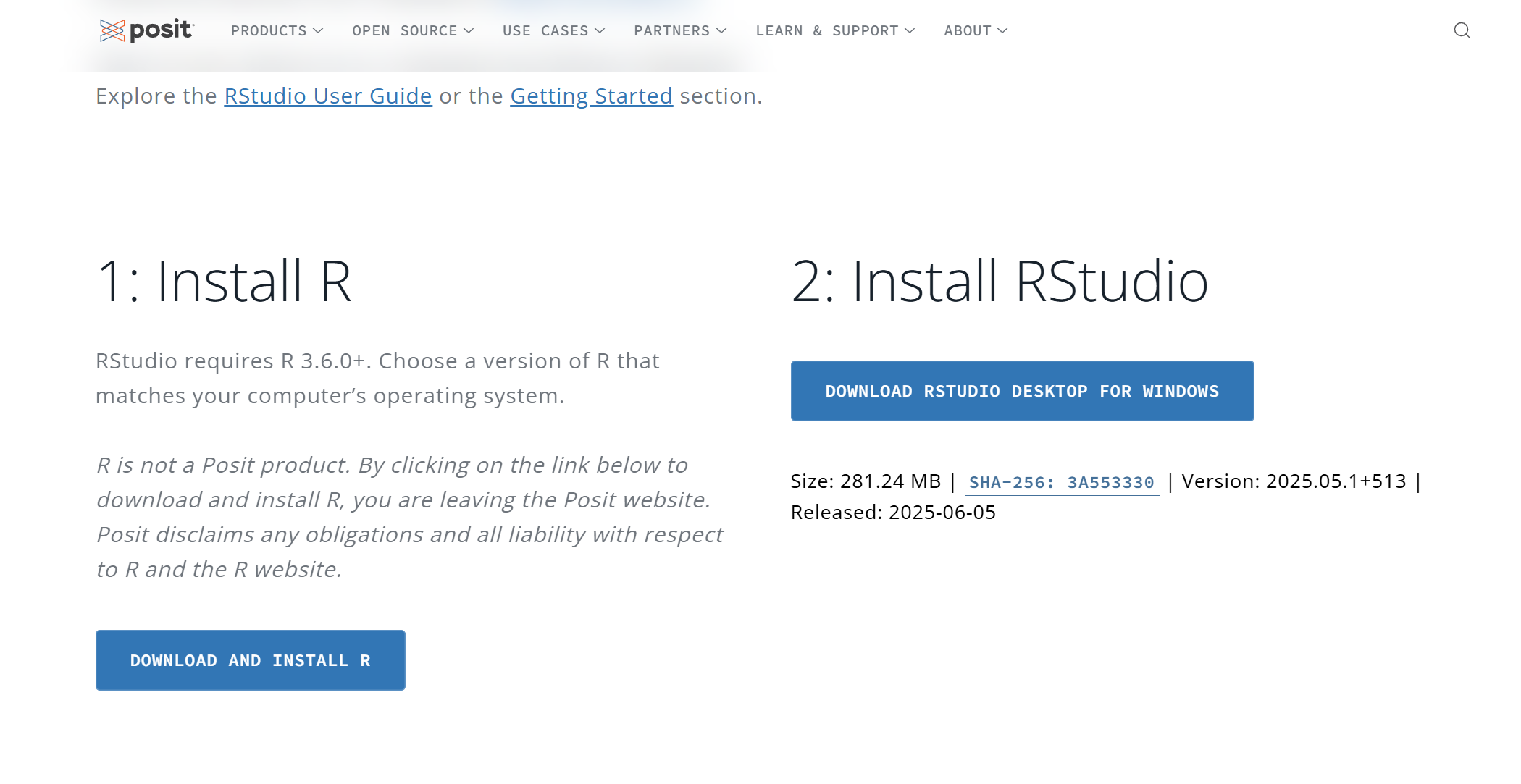 Posit 官网的 RStudio Desktop 下载区域