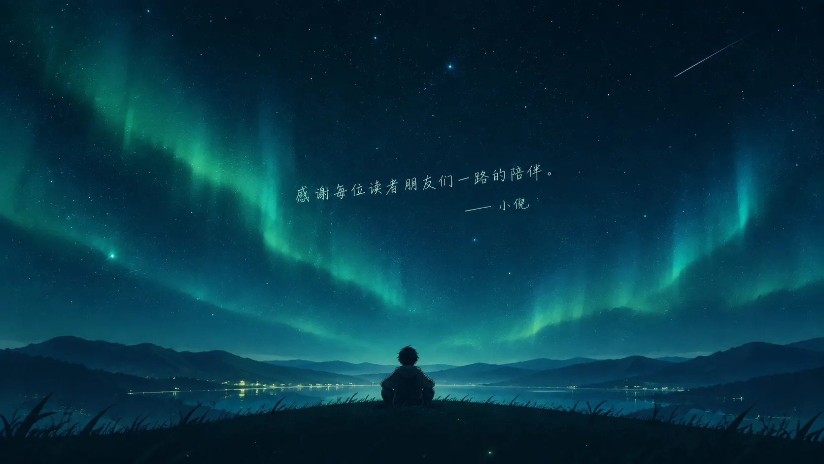 极光铺开的夜空，一个人坐在草地上仰头看天